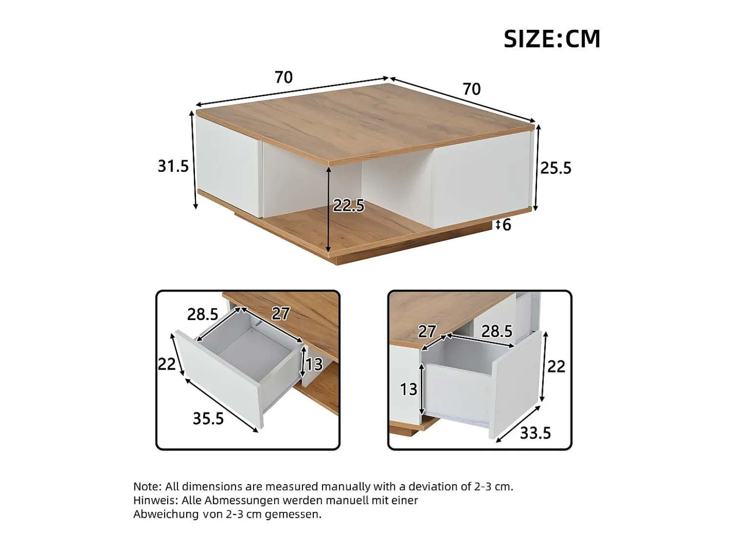 Clearance Mesa de Centro com 3 Gavetas - Acabamento em Madeira e 1 Compartimento de Arrumação Semiaberto - e Madeira Natural Branco