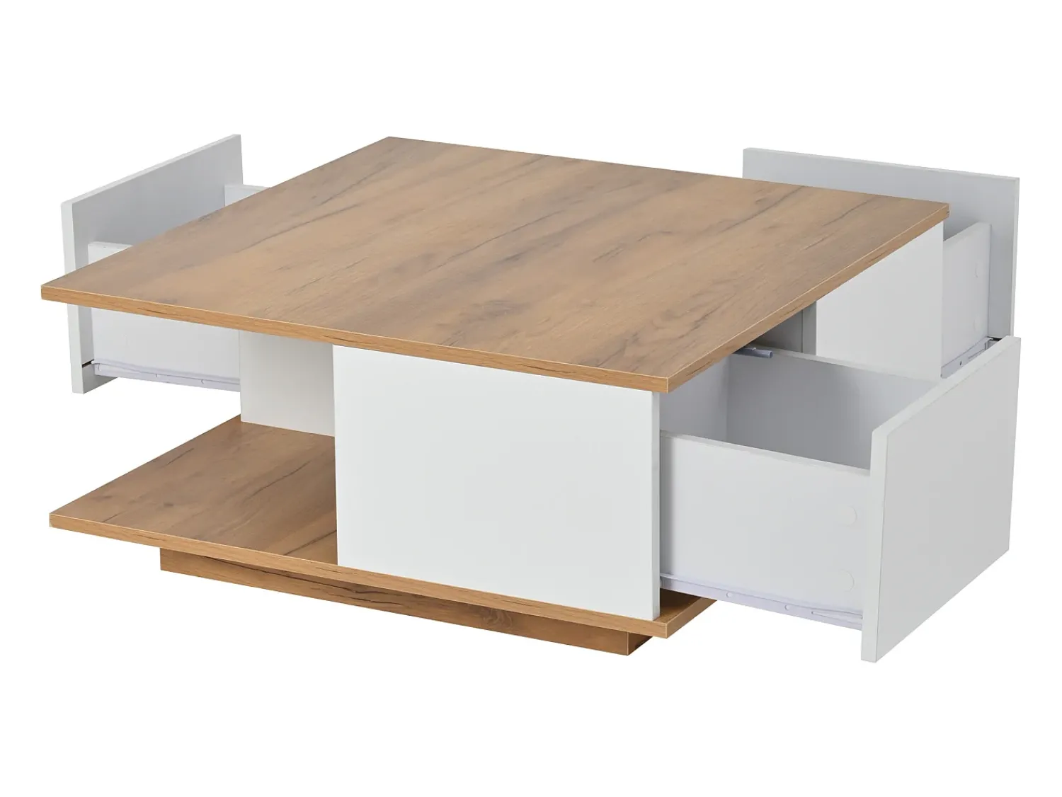 Clearance Mesa de Centro com 3 Gavetas - Acabamento em Madeira e 1 Compartimento de Arrumação Semiaberto - e Madeira Natural Branco