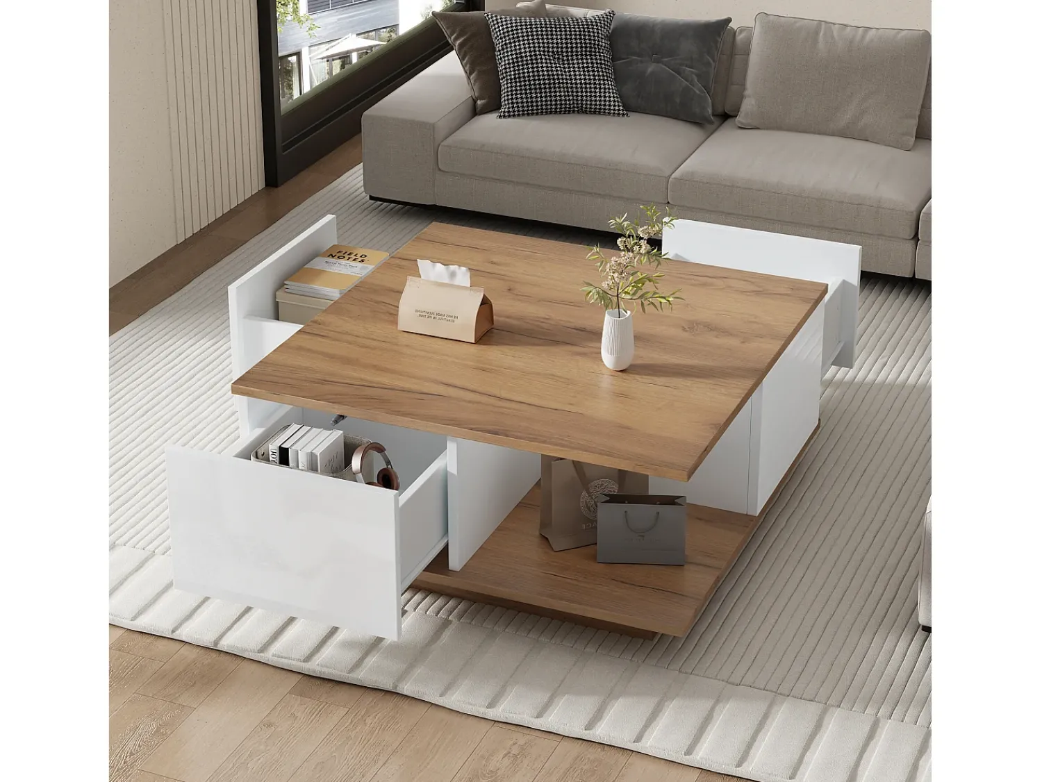 Clearance Mesa de Centro com 3 Gavetas - Acabamento em Madeira e 1 Compartimento de Arrumação Semiaberto - e Madeira Natural Branco