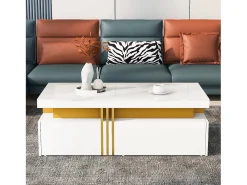 Mesa De Centro|ModernLuxe Mesa de centro com 2 gavetas - placa estampada em mármore - estilo escandinavo - Branco