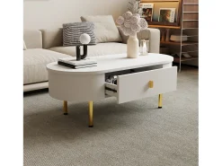 Mesa De Centro*Merax Mesa de centro com 2 gavetas - 108 x 50 x 40 cm - puxadores e pés dourados - cantos curvos - MDF - Branco