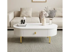 Mesa De Centro*Merax Mesa de centro com 2 gavetas - 108 x 50 x 40 cm - puxadores e pés dourados - cantos curvos - MDF - Branco