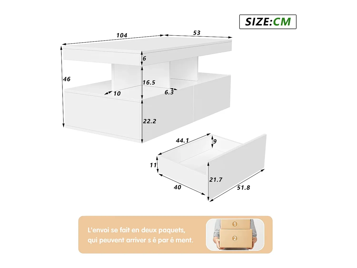 Mesa De Centro| Mesa de centro com 2 gavetas, mesa de centro moderna com iluminação LED, com espaço de armazenamento aberto, branca. Branco