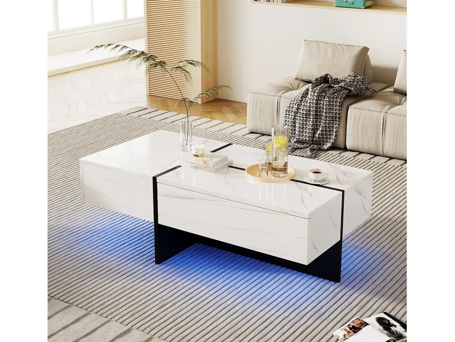 Mesa De Centro|Hauss Spole Mesa de centro com 3 gavetas 100x50 cm, iluminação LED Bluetooth, tampo em folheado de mármore Branco