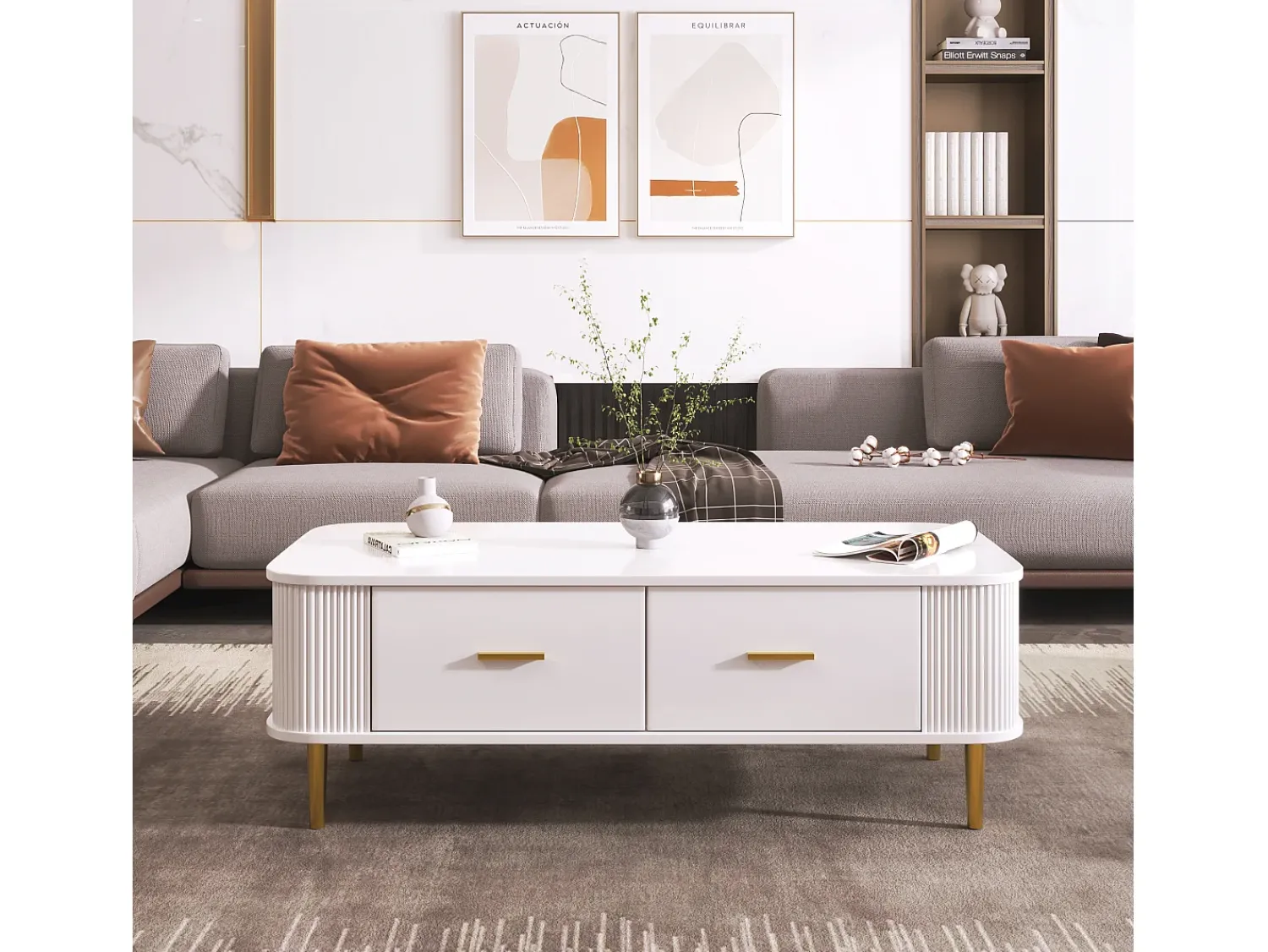 Mesa De Centro*Merax Mesa de centro com 4 gavetas - 105 x 51 x 36 cm - Madeira MDF - Puxadores e pés dourados - Branco