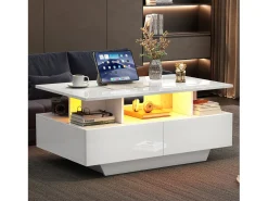 Mesa De Centro*Merax Mesa de centro com 2 gavetas e compartimento aberto - 90 x 55 x 41 cm - LEDs - Aglomerado - brilhante Branco
