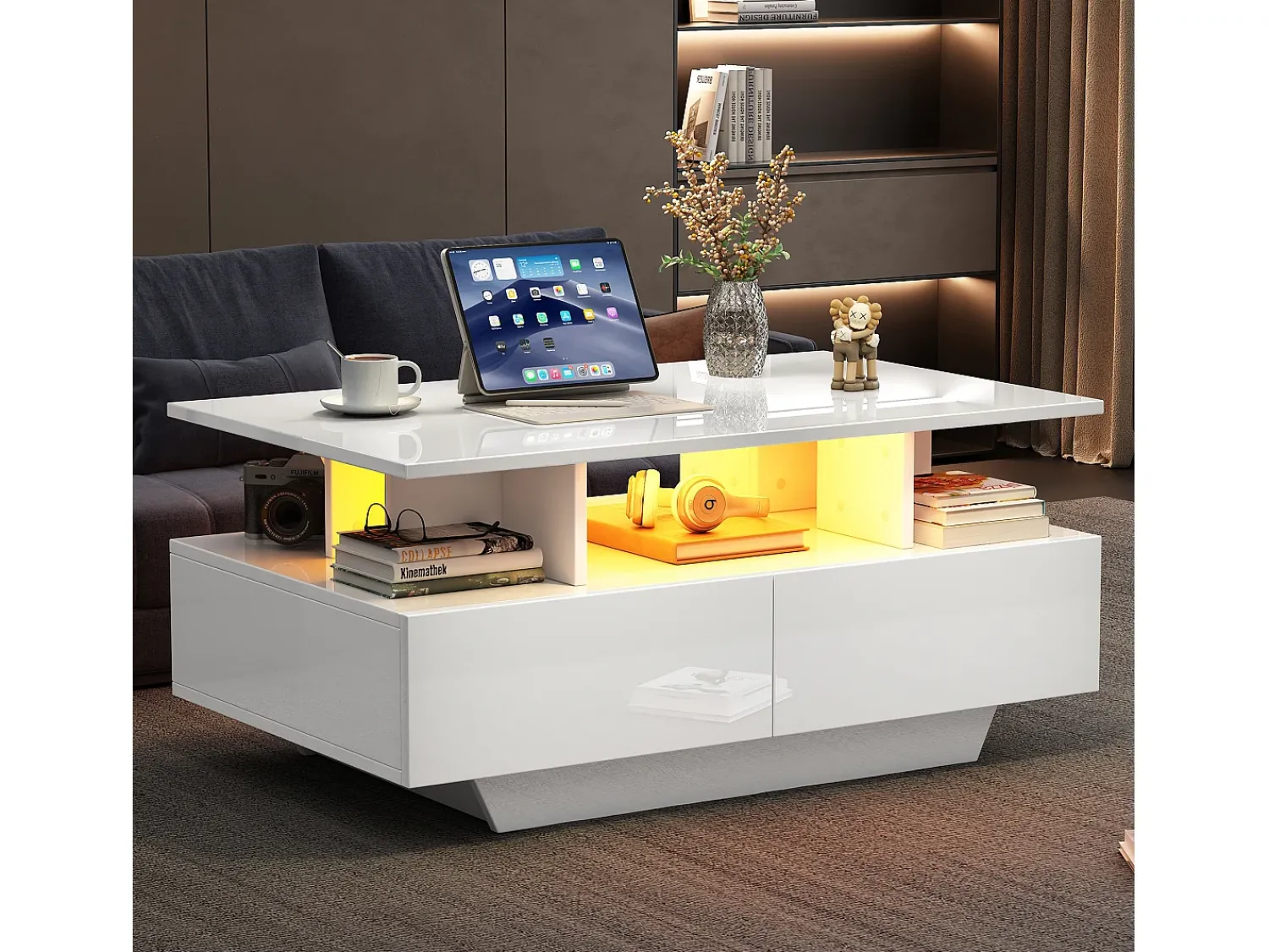 Mesa De Centro*Merax Mesa de centro com 2 gavetas e compartimento aberto - 90 x 55 x 41 cm - LEDs - Aglomerado - brilhante Branco