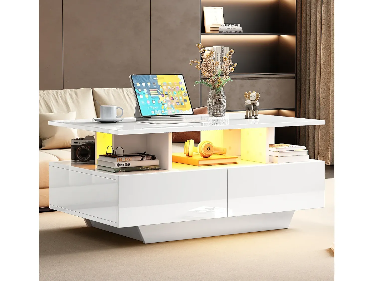 Mesa De Centro*Merax Mesa de centro com 2 gavetas e compartimento aberto - 90 x 55 x 41 cm - LEDs - Aglomerado - brilhante Branco