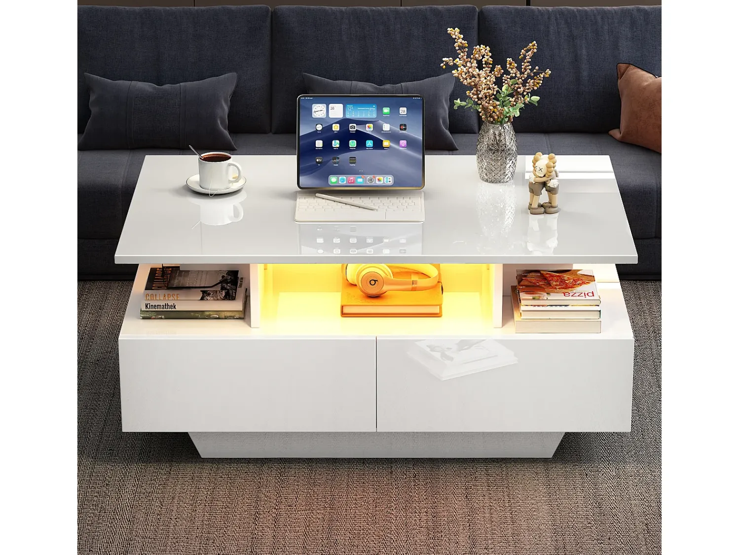 Mesa De Centro*Merax Mesa de centro com 2 gavetas e compartimento aberto - 90 x 55 x 41 cm - LEDs - Aglomerado - brilhante Branco