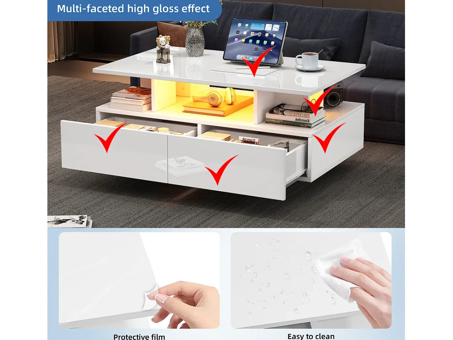 Mesa De Centro*Merax Mesa de centro com 2 gavetas e compartimento aberto - 90 x 55 x 41 cm - LEDs - Aglomerado - brilhante Branco