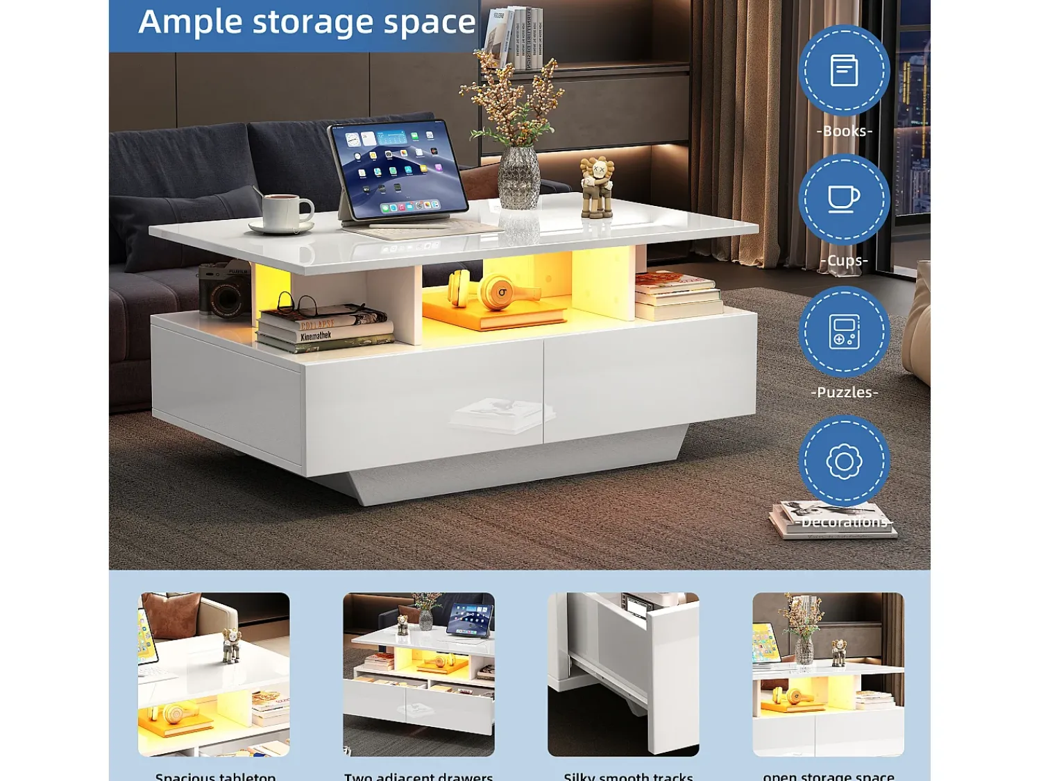 Mesa De Centro*Merax Mesa de centro com 2 gavetas e compartimento aberto - 90 x 55 x 41 cm - LEDs - Aglomerado - brilhante Branco