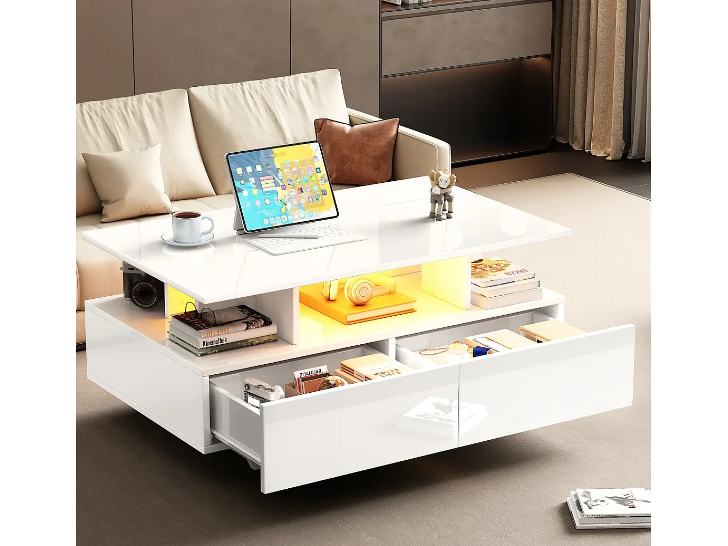 Mesa De Centro*Merax Mesa de centro com 2 gavetas e compartimento aberto - 90 x 55 x 41 cm - LEDs - Aglomerado - brilhante Branco