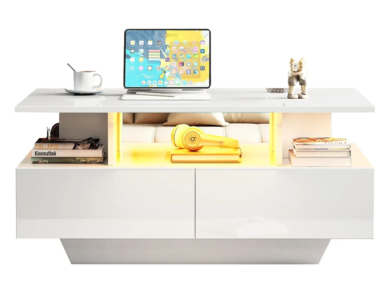 Mesa De Centro*Merax Mesa de centro com 2 gavetas e compartimento aberto - 90 x 55 x 41 cm - LEDs - Aglomerado - brilhante Branco