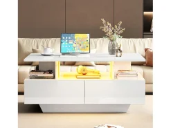 Mesa De Centro*Merax Mesa de centro com 2 gavetas e compartimento aberto - 90 x 55 x 41 cm - LEDs - Aglomerado - brilhante Branco