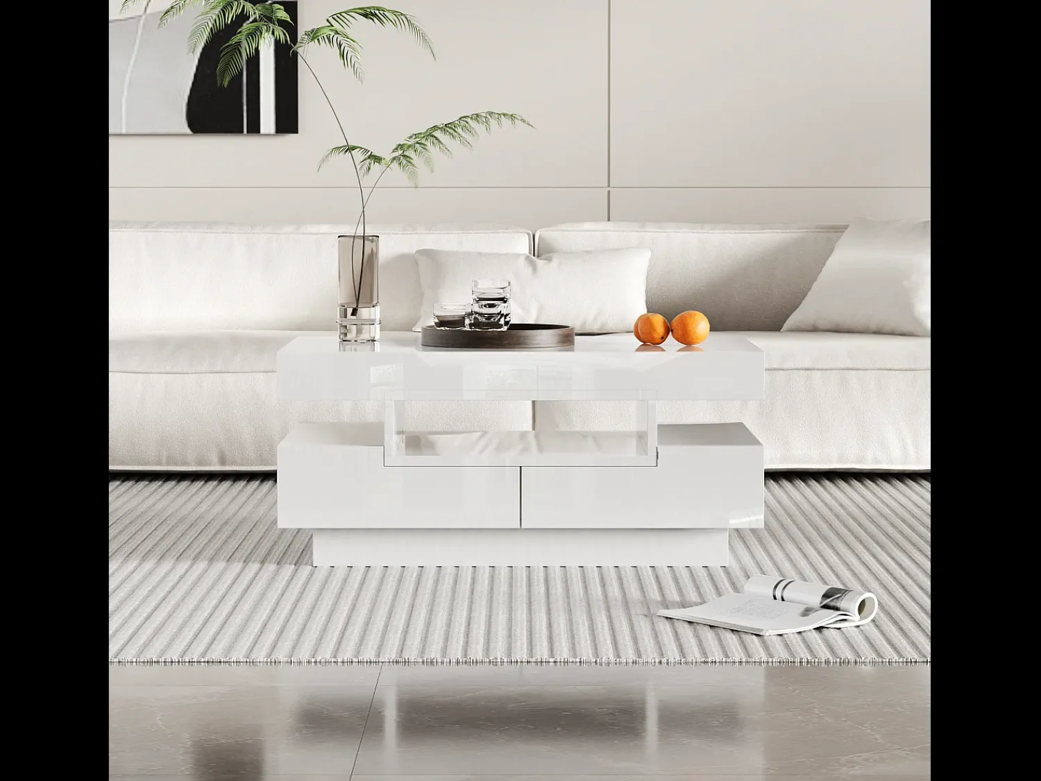 Mesa De Centro|Merax Mesa de centro com 4 gavetas - 80 x 50 x 36 cm - LEDs - Aglomerado - Branco
