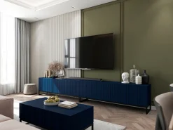 Outlet Mesa de centro com 2 portas - Corpo -marinho mate, frentes estriadas -marinho mate - 110 cm, Estrutura metálica preta Azul