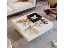 Mesa De Centro| Mesa de centro com acabamento brilhante em e preto, com bloco de cores e iluminação LED, 72x72x30 cm Branco