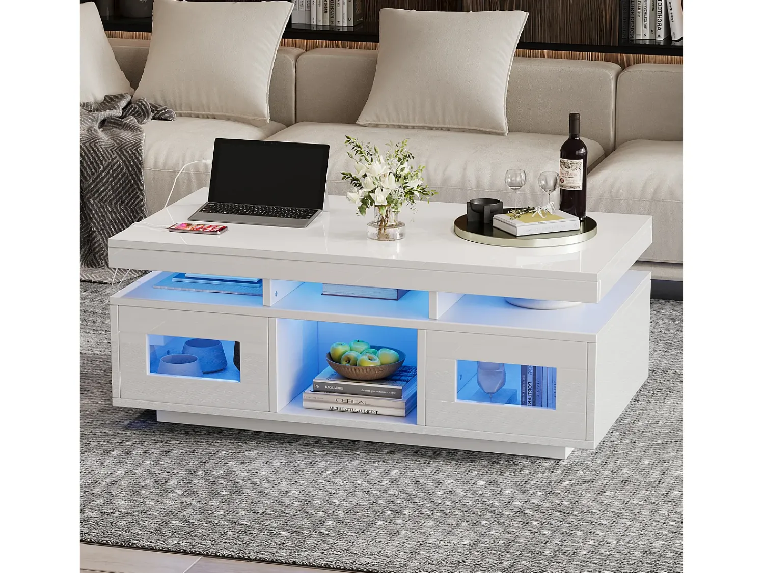 Mesa De Centro* Mesa de centro com acabamento brilhante, iluminação LED, estrutura em aglomerado e vidro temperado, 100 x 50 x 43 cm, branca. Branco