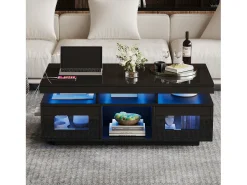 Mesa De Centro| Mesa de centro com acabamento brilhante, iluminação LED, estrutura em aglomerado e vidro temperado, 100 x 50 x 43 cm, preta. Preto