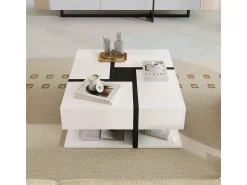 Mesa De Centro| Mesa de centro com acabamento brilhante, 4 gavetas, design exclusivo de cores e linhas, espaço para armazenamento. 78x78x36cm Branco