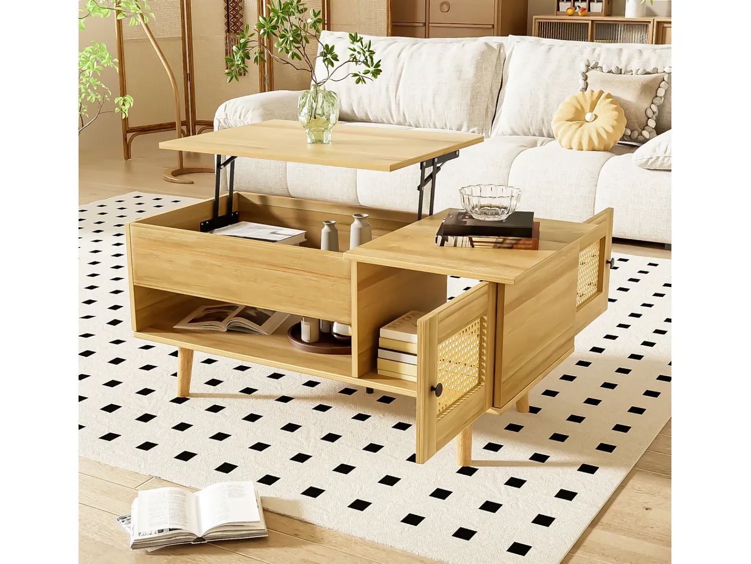 Mesa De Centro| Mesa de centro com altura ajustável - Compartimento de armazenamento oculto - Com tampo dobrável - Madeira Natural claro