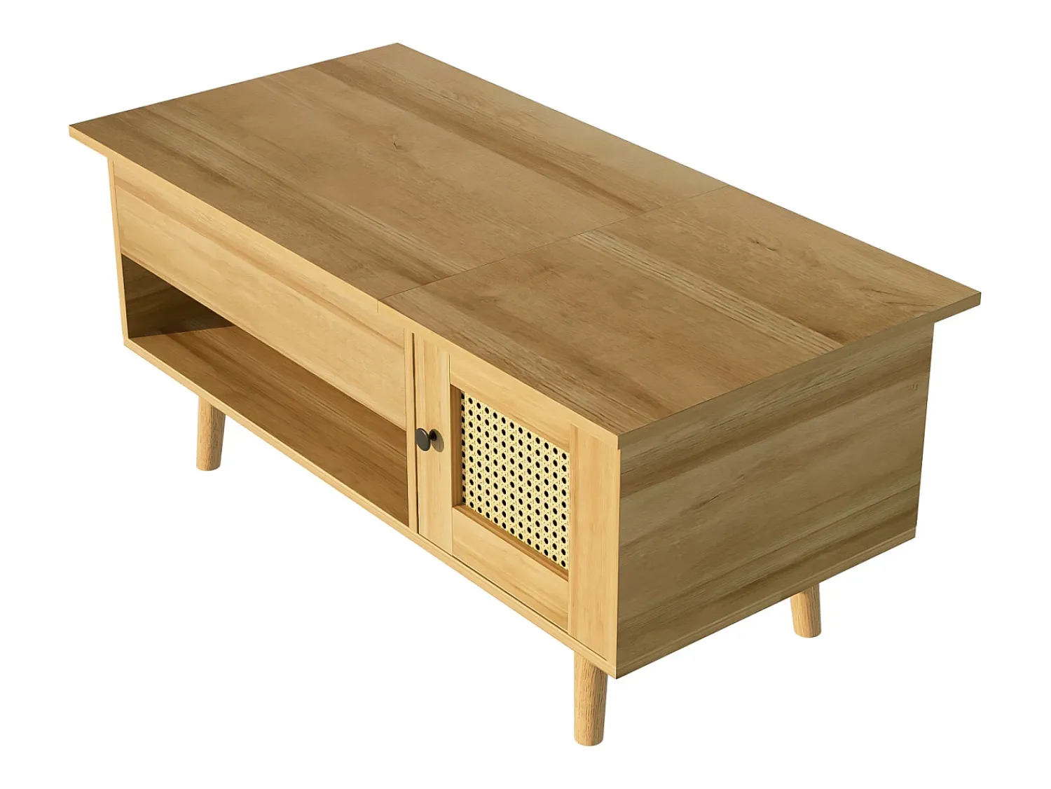 Mesa De Centro| Mesa de centro com altura ajustável - Compartimento de armazenamento oculto - Com tampo dobrável - Madeira Natural claro