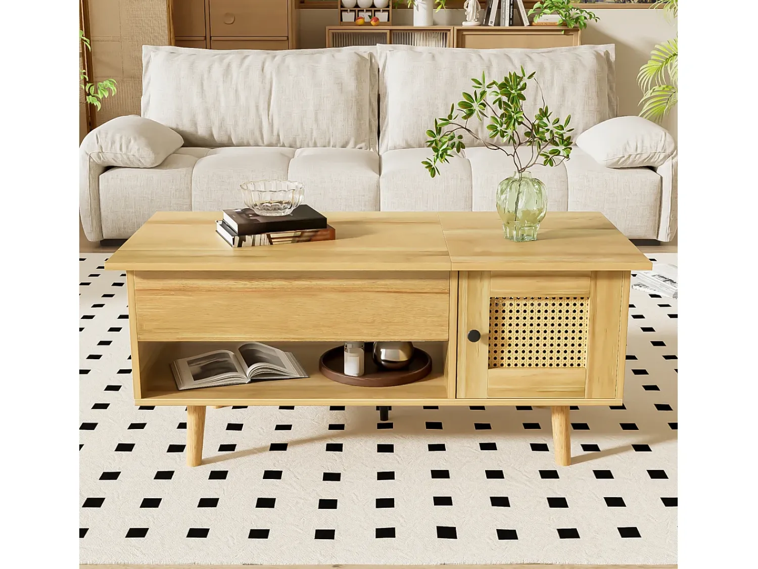Mesa De Centro| Mesa de centro com altura ajustável - Compartimento de armazenamento oculto - Com tampo dobrável - Madeira Natural claro