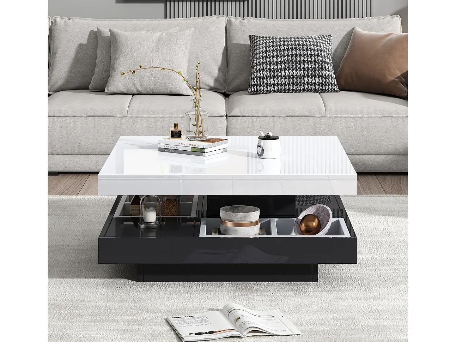 ModernLuxe Mesa de centro com arrumação 70x70x36 cm - tampo brilhante giratório 360° - Branco e Preto^ Mesa De Centro