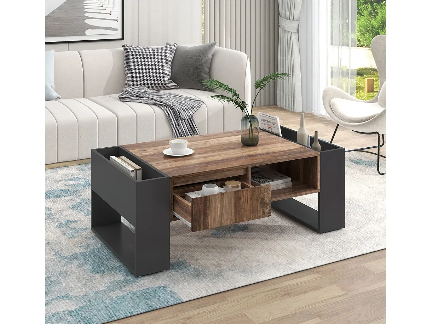Mesa De Centro| Mesa de centro com compartimentos de armazenamento em ambos os lados, mesa de sofá para sala de estar, madeira + cinza escuro Natural escuro