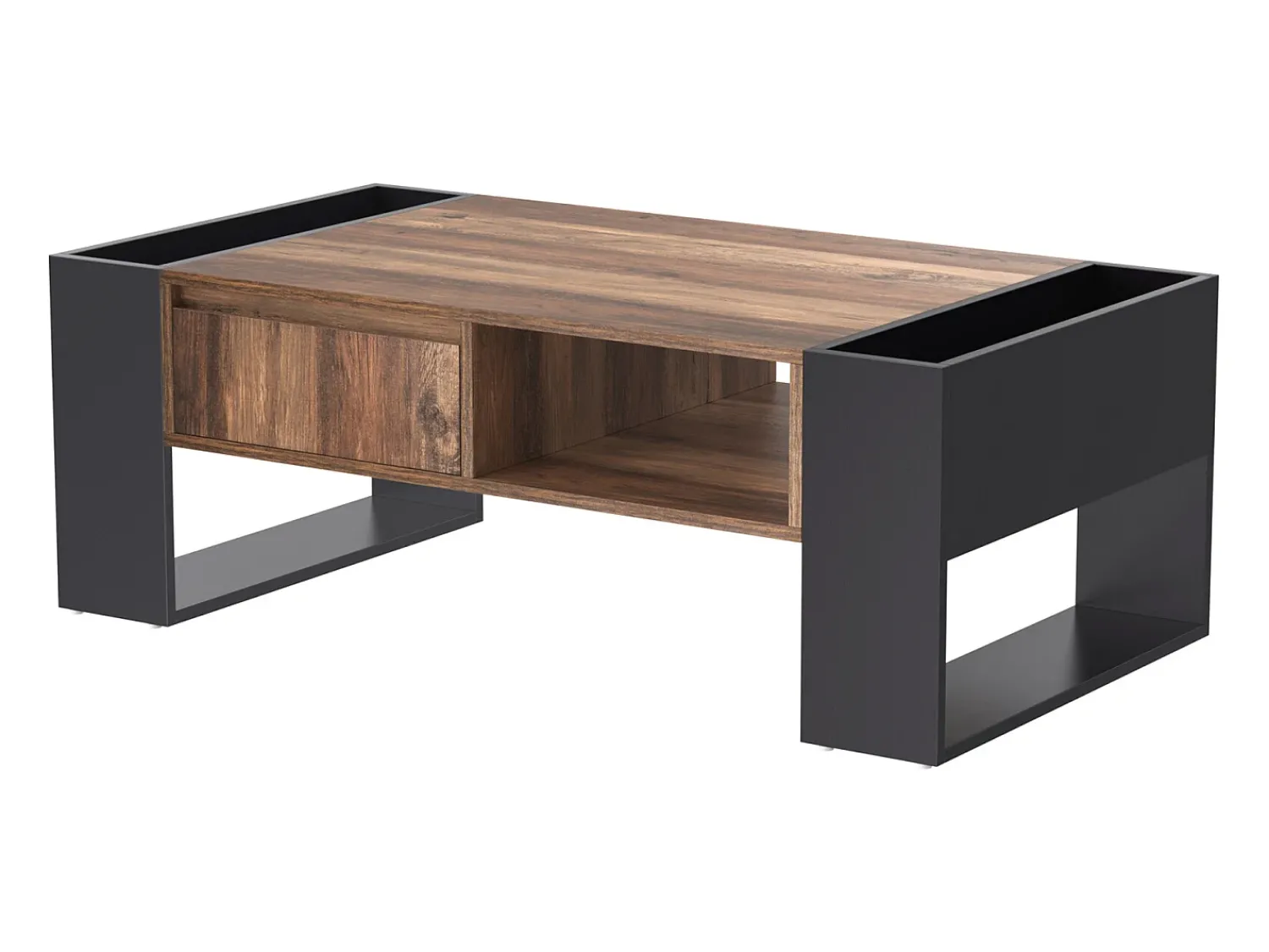 Mesa De Centro| Mesa de centro com compartimentos de armazenamento em ambos os lados, mesa de sofá para sala de estar, madeira + cinza escuro Natural escuro