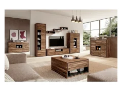 Meublorama Mesa de centro com design com 2 gavetas da coleção SYLVA e nichos de armazenamento. Cor carvalho e cinza.^ Mesa De Centro