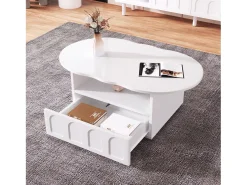 Mesa de centro com gavetas e compartimentos de arrumação, em forma de nuvem, branca.^ Mesa De Centro