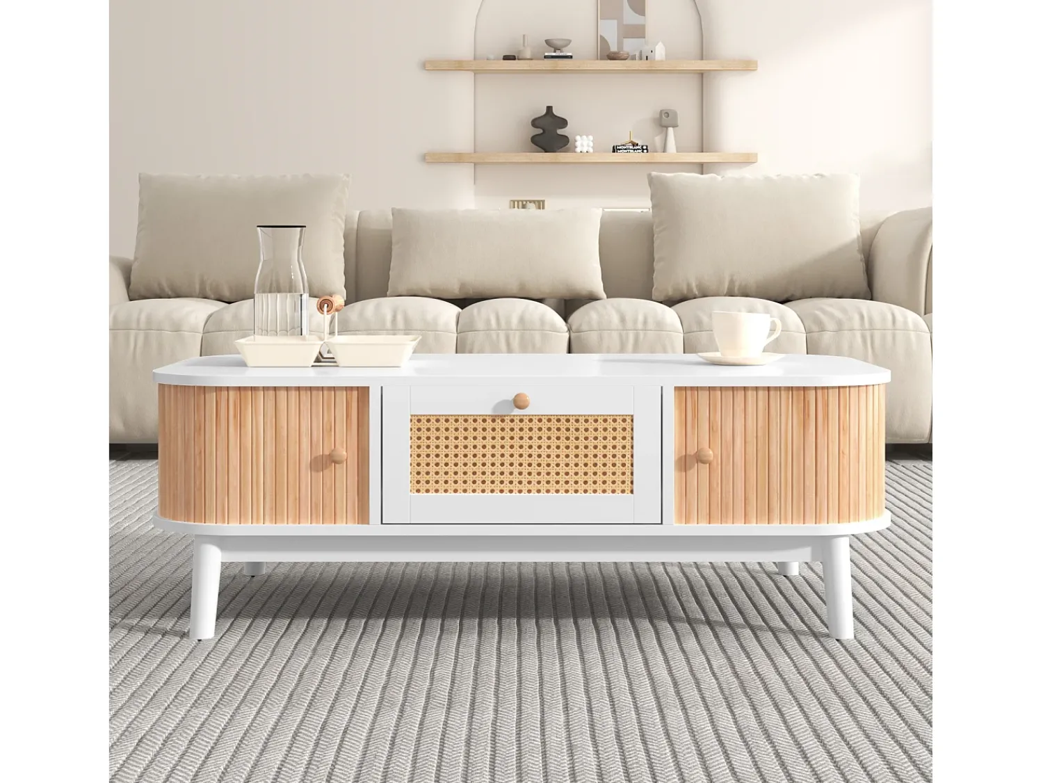 Mesa de centro com gavetas e portas de correr, mesa de sala de estar com espaço de armazenamento, branca^ Mesa De Centro