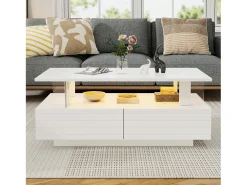 Hot Mesa de centro com iluminação LED, função de armazenamento, mesa de centro retangular de dois níveis, branca Branco