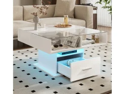 Mesa De Centro* Mesa de centro com iluminação LED - Mesa de centro com altura ajustável e uma gaveta - Arrumação aberta - Branco