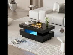 Hauss Spole Mesa de centro com iluminação LED e 4 gavetas - Acabamento brilhante - Madeira PB preta^ Mesa De Centro