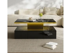 New Mesa de centro com iluminação LED, mesa com gavetas, mesa lateral com duas prateleiras, preta Preto