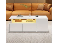 Mesa De Centro* Mesa de centro com iluminação LED, mesa de sofá brilhante com 2 gavetas, 100 x 50 x 35 cm, para sala de estar, branca. Branco