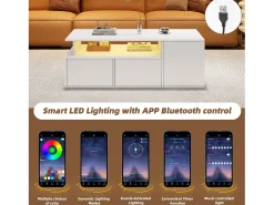 Mesa De Centro* Mesa de centro com iluminação LED, mesa de sofá brilhante com 2 gavetas, 100 x 50 x 35 cm, para sala de estar, branca. Branco