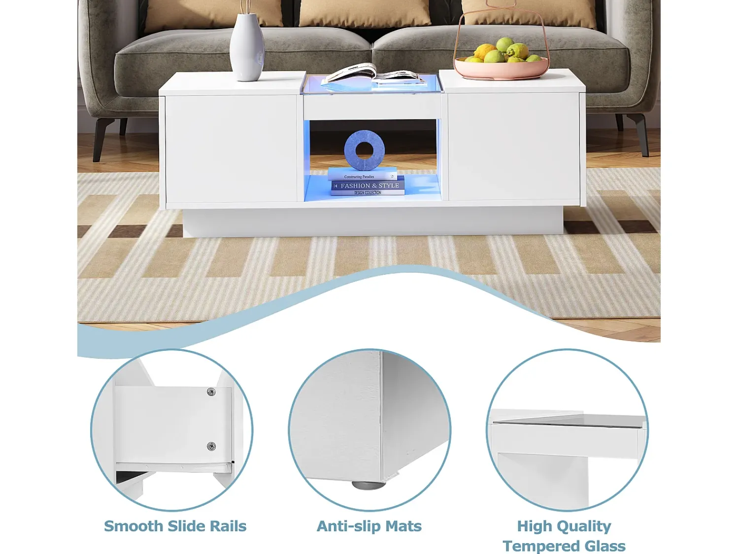 Mesa De Centro|ModernLuxe Mesa de centro com LED - 2 gavetas e 1 compartimento aberto - Branco