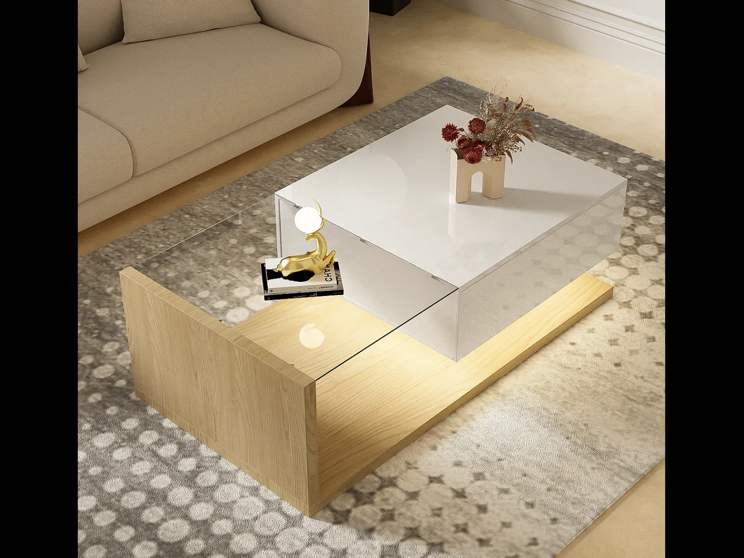 ModernLuxe Mesa de centro com LED - vidro e aglomerado - Natural^ Mesa De Centro