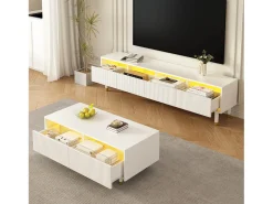 Mesa De Centro* Mesa de centro com LED, 110 x 50 x 40 cm, mesa de sala de estar com 2 gavetas e frente em acrílico, branca. Branco