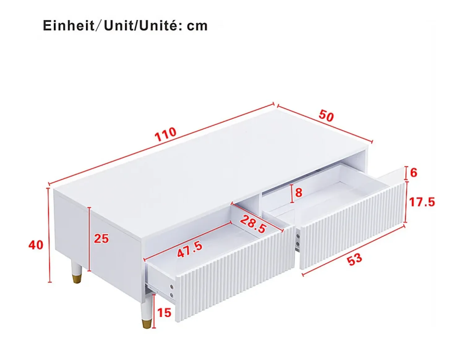 Mesa De Centro* Mesa de centro com LED, 110 x 50 x 40 cm, mesa de sala de estar com 2 gavetas e frente em acrílico, branca. Branco