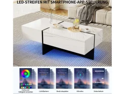 Mesa De Centro| Mesa de centro com LED, espaço de armazenamento, acabamento brilhante e gavetas, estilo moderno, branca. Branco