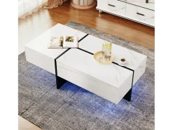 Mesa De Centro| Mesa de centro com LED, espaço de armazenamento, acabamento brilhante e gavetas, estilo moderno, branca. Branco