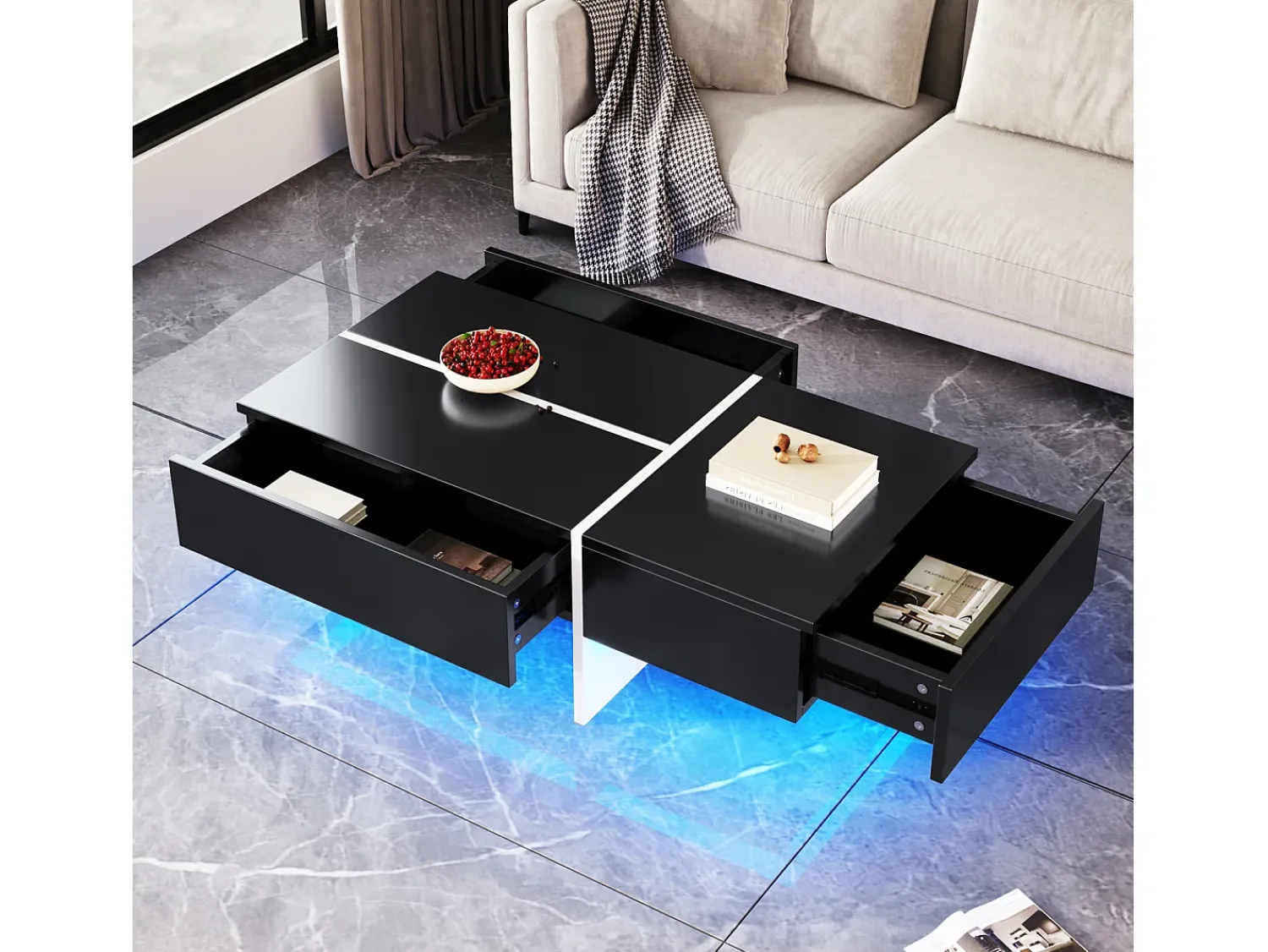 Mesa De Centro* Mesa de centro com LED, espaço de armazenamento, acabamento brilhante e gavetas, estilo moderno, preta. Preto
