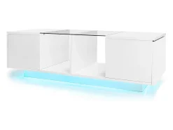 ModernLuxe Mesa de centro com LED multicolorido - 2 portas basculantes e prateleira em vidro - Branco
