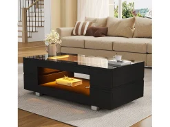 Mesa De Centro|Merax Mesa de centro com LEDs - 100 x 50 x 35 cm - Mesa dupla com Bluetooth - Aglomerado + vidro temperado - Preto