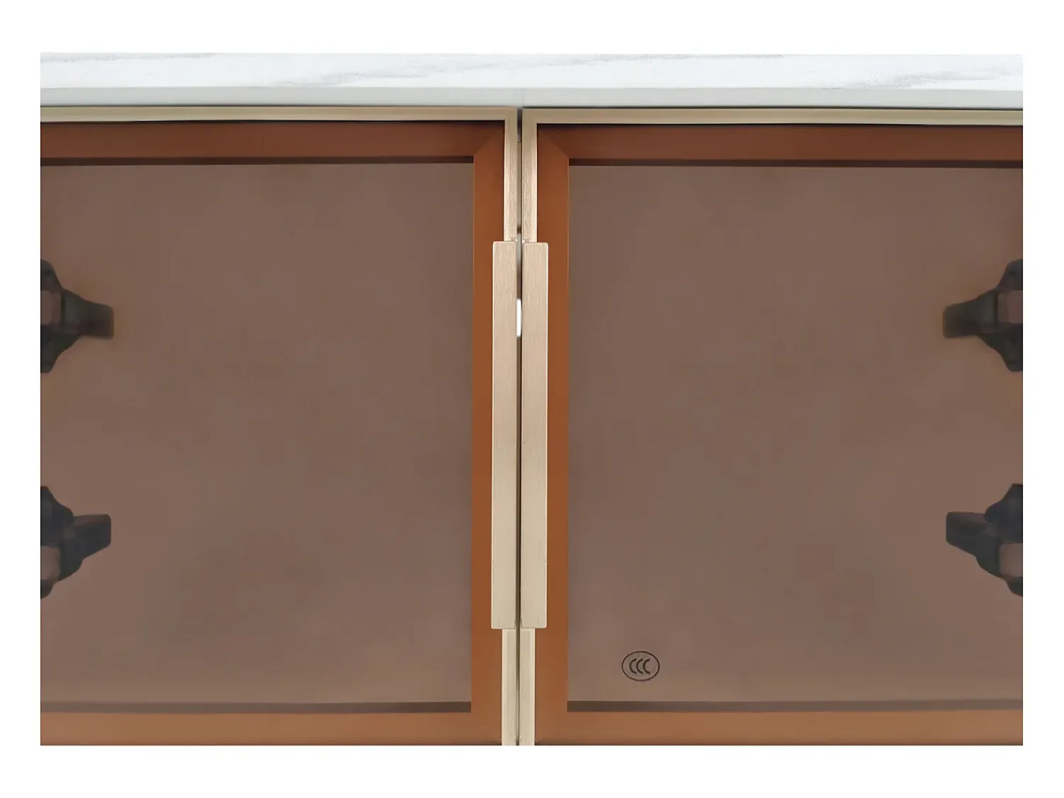 Mesa De Centro* Mesa de centro com porta de vidro temperado, gavetas onduladas, pés e puxadores dourados, para sala de estar. Branco