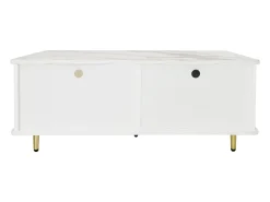 Mesa De Centro* Mesa de centro com porta de vidro temperado, gavetas onduladas, pés e puxadores dourados, para sala de estar. Branco